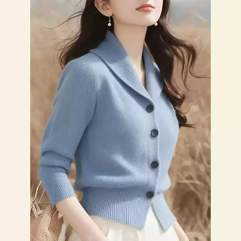 2025 New Spring Autumn Turndown Collar High End Women Knitt Cardigan Sweater Fashion Korean Version Female Knitwear Tops