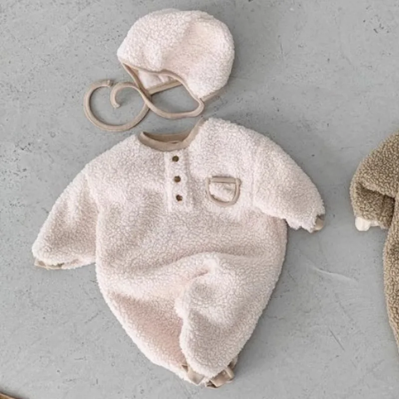 2025 겨울 신생아 따뜻한 베르베르 플리스 롬퍼 + 모자 신생아 유아용 플러스 벨벳 두꺼운 긴팔 점프수트 남아 여아 옷