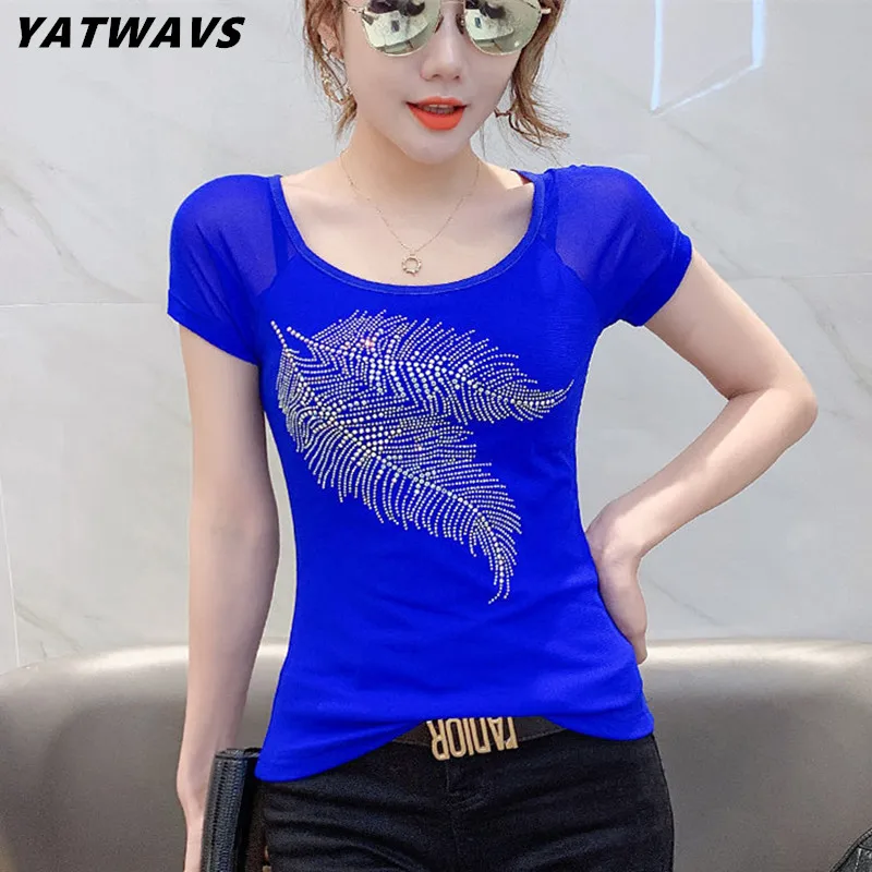 

New Fashion European T-Shirt Sexy O-Neck Shiny Feather Diamonds Women's Clothing Casual Tops Summer Short Sleeve Female Tees