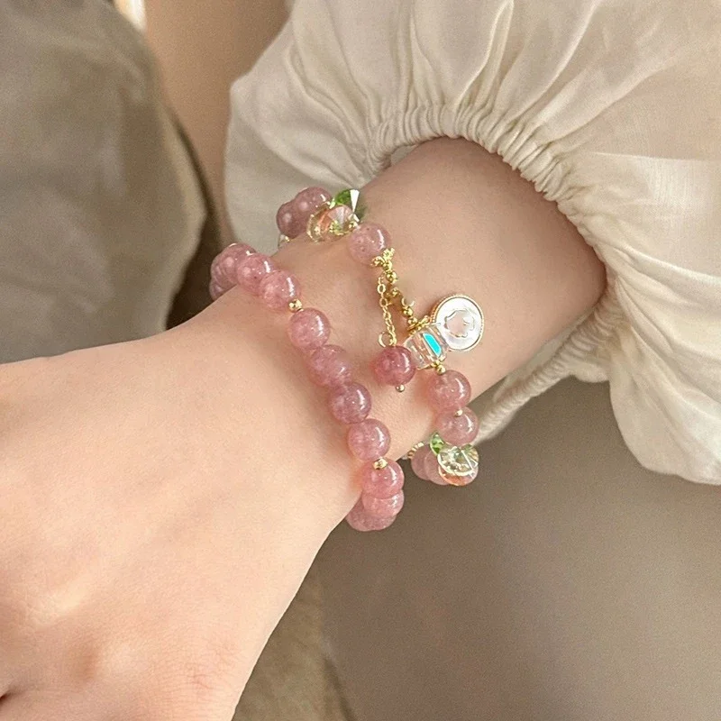 Light Luxury Strawberry Crystal Pink Beads Beaded Bracelet Exquisite Tassel Pendant Flower Bracelet Temperament Handmade Jewelry