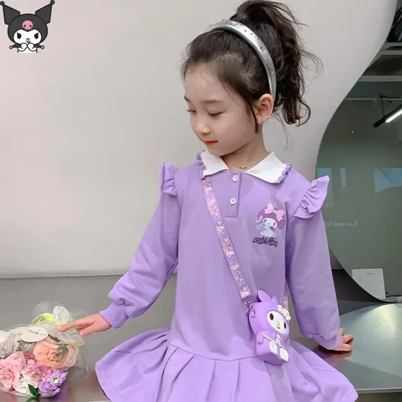 

Kuromi My Melody Kawaii Girls' Long Sleeved Dress Anime Cartoon Sanrio Spring Autumn New Lapel Princess Dress Sweet Breathable