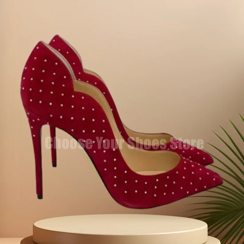 

2025 Pointed Toe High Heel Shoes Red Suede Rivets Studded Stiletto Heels Women Sexy Dress Shoes 12/10cm
