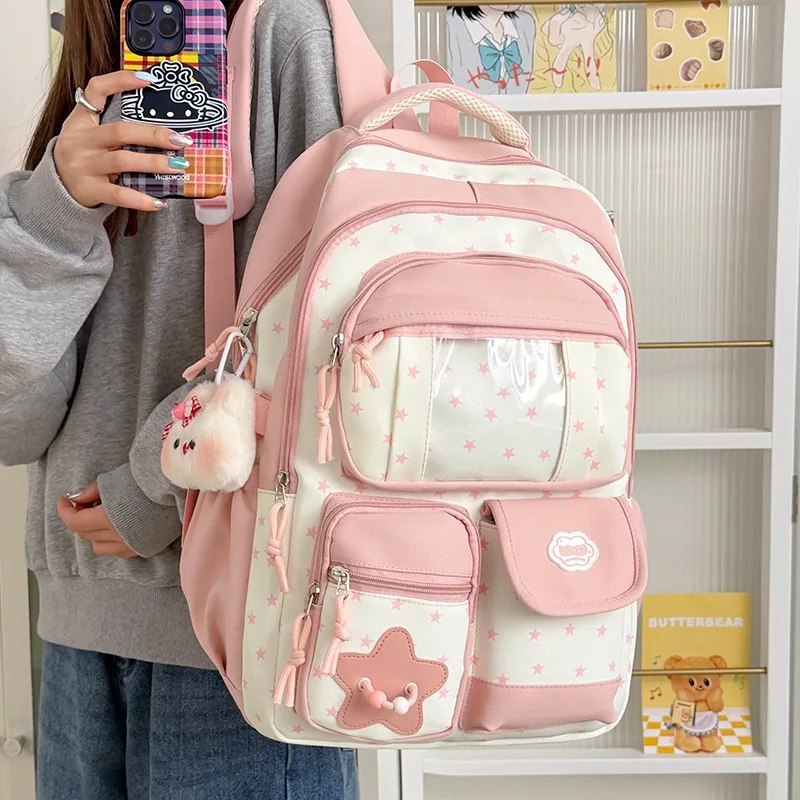 backpack-for-teen-girls-star-print-large-capacity-school-bag-lightweight-nylon-adjustable-strap-pink-green-purple-blue-casual-da
