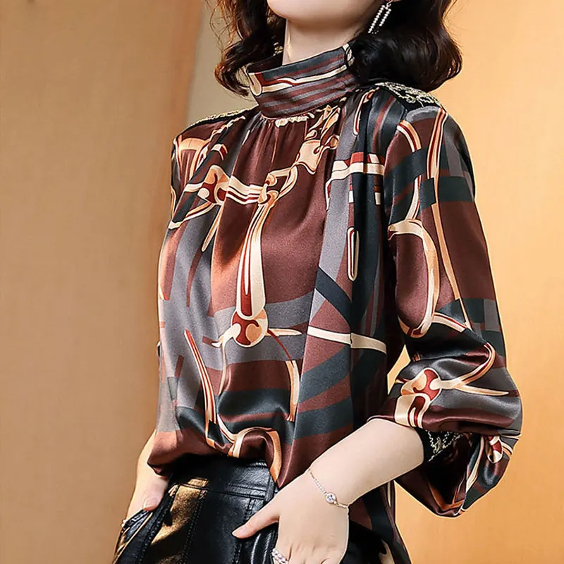 Women\'s Clothing Vintage Printed Blouse Chic Embroidery Spring Autumn New Half High Collar All-match Silk Korean Patchwork Shirt