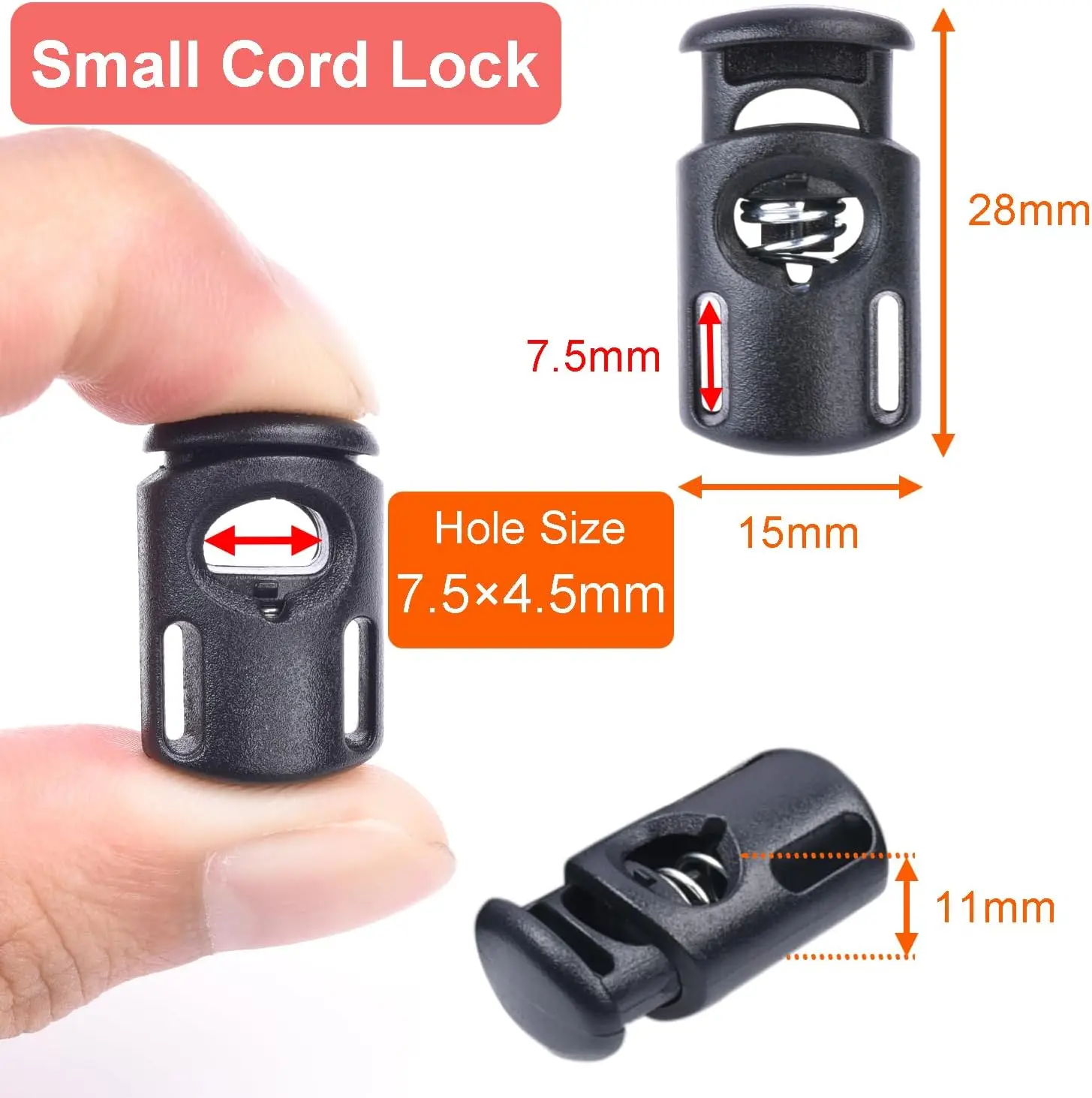 100PCS Single Hole Plastic Cord Lock for Paracord,Spring Toggle Stopper Clasps for Drawstring Bungee Elastic Shoelace Lock Glove