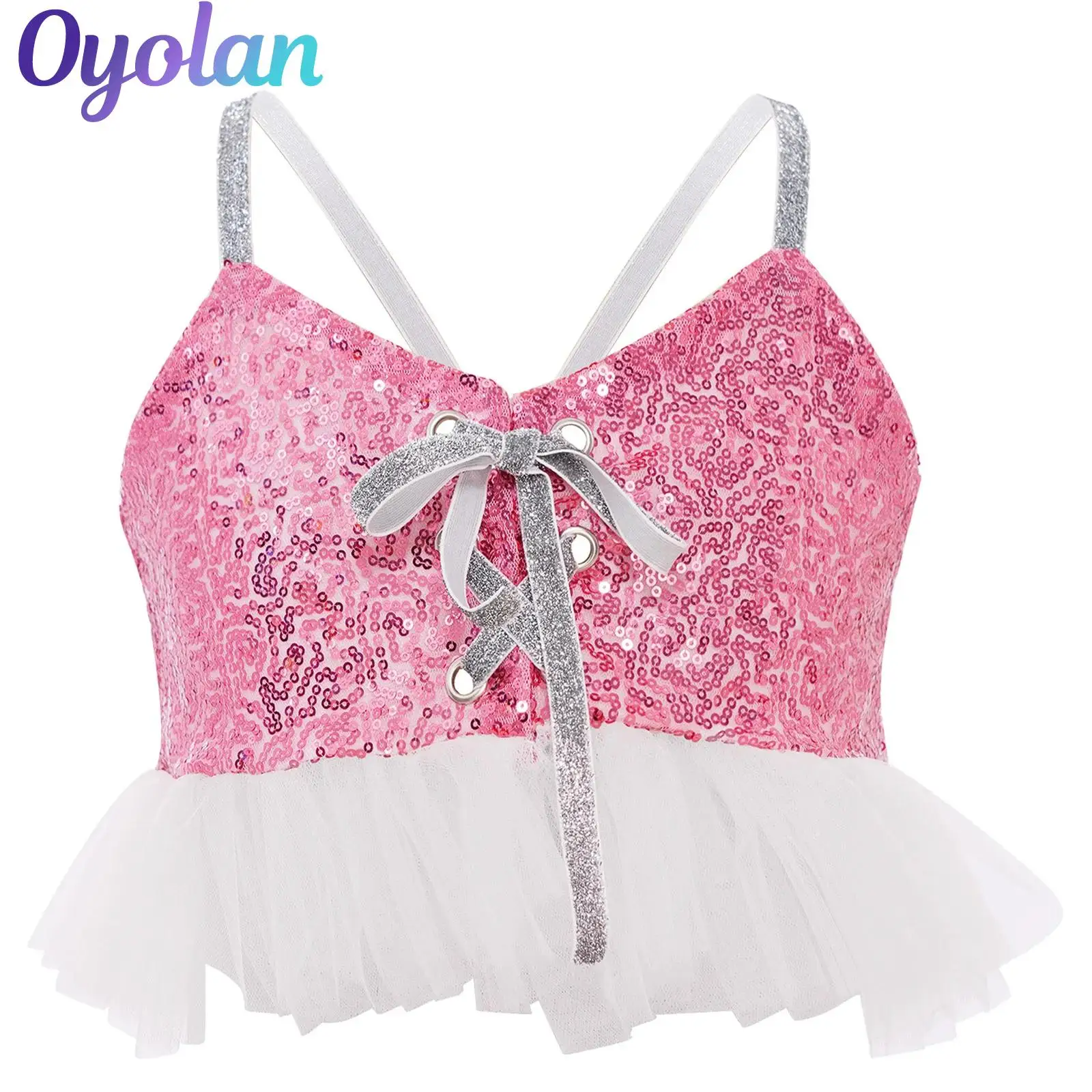 

Kids Girls Hip Hop Jazz Latin Dance Performance Costume Tulle Ruffles Glittery Sequins Camisole Spaghetti Straps Tank Crop Top