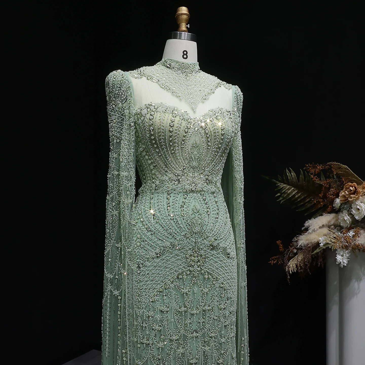 Sharon Said Elegantes Blaues Perlenbesetztes Abendkleid mit Cape-Ärmeln, Hochgeschlossenem Kragen, Arabisches Partykleid für Hochzeitsgäste SS079 Maßanfertigung – Detail 13