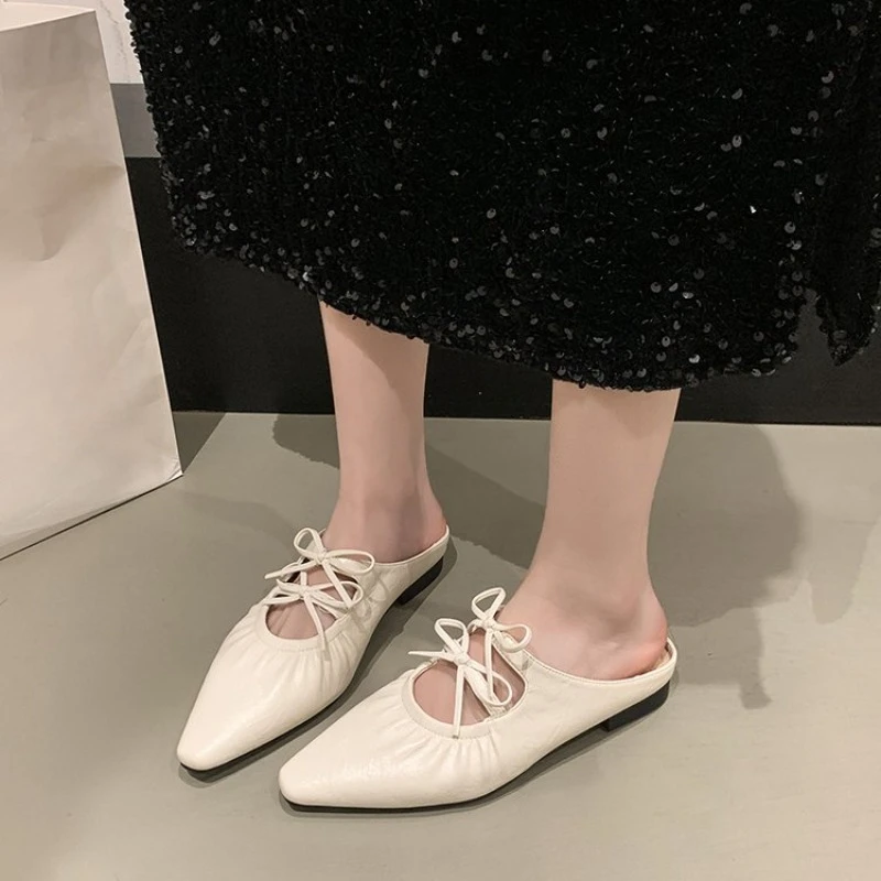 

Women's Fashion Slippers 35-40 Pointed Toe Square Heels Thin Strap Bow Fashion Sandals