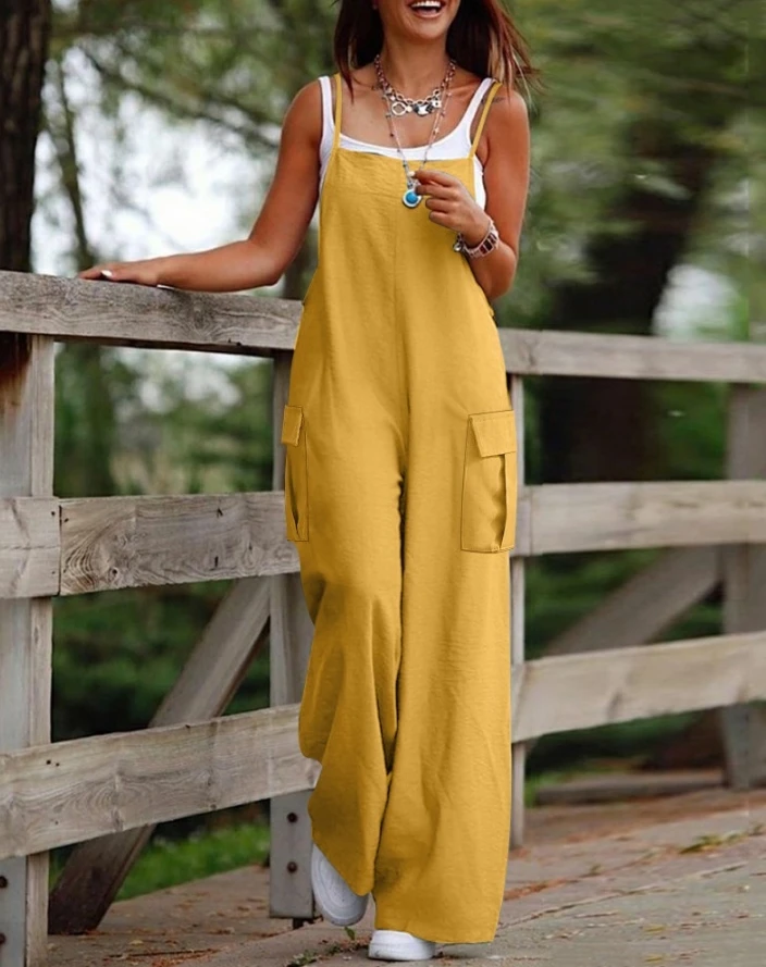 Commuting Style Jumpsuit for Women's 2024 Summer Square Neck Spaghetti Strap Pocket Design Suspender Long Jumpsuit