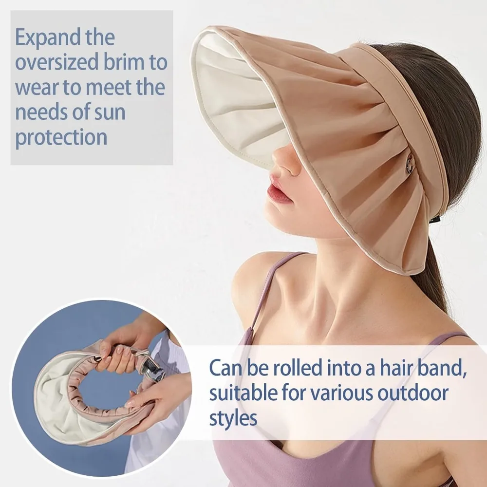 Damenvisiere, aufsteckbares, faltbares Damen-Golfvisier mit breiter Krempe, aufrollbarer Sonnenhut mit Stirnband und UV-Schutz