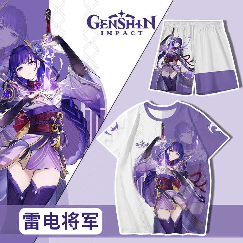 

Popular Genshin Impact T-shirts Shorts Set 3D Raiden Shogun Print Tee Suit Summer Men Women Y2k Tracksuit 2 Piece Jogger Outfits