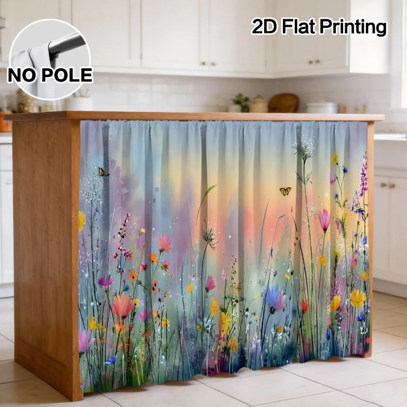 Spring Grassland Butterfly Flower Polyester Partition Curtain Is Easy To Maintain, Cabinet Bathroom Cabinet Cover Curtain
