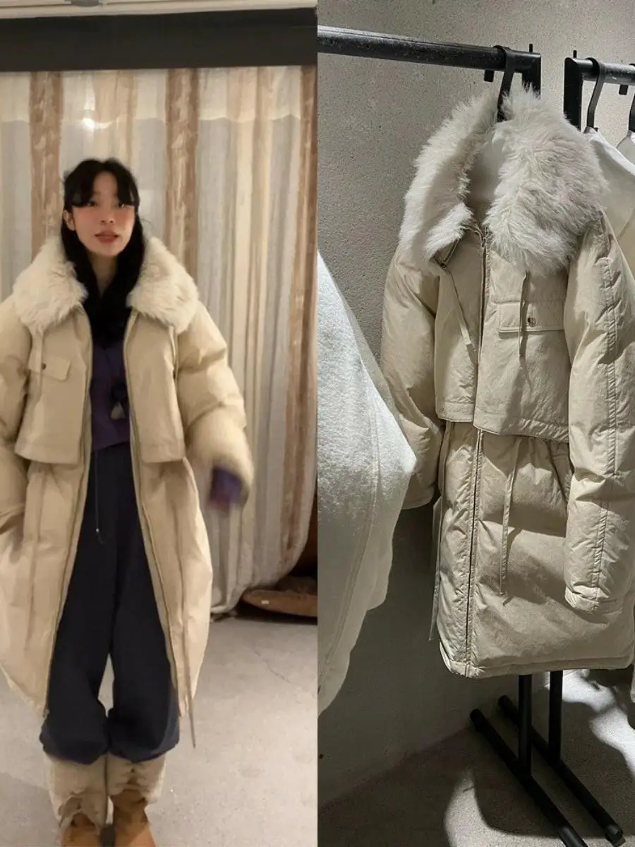 

Длинный свободный женский пуховик в корейском стиле, очень теплый, с большим меховым воротником, модный зимний верхний одяг