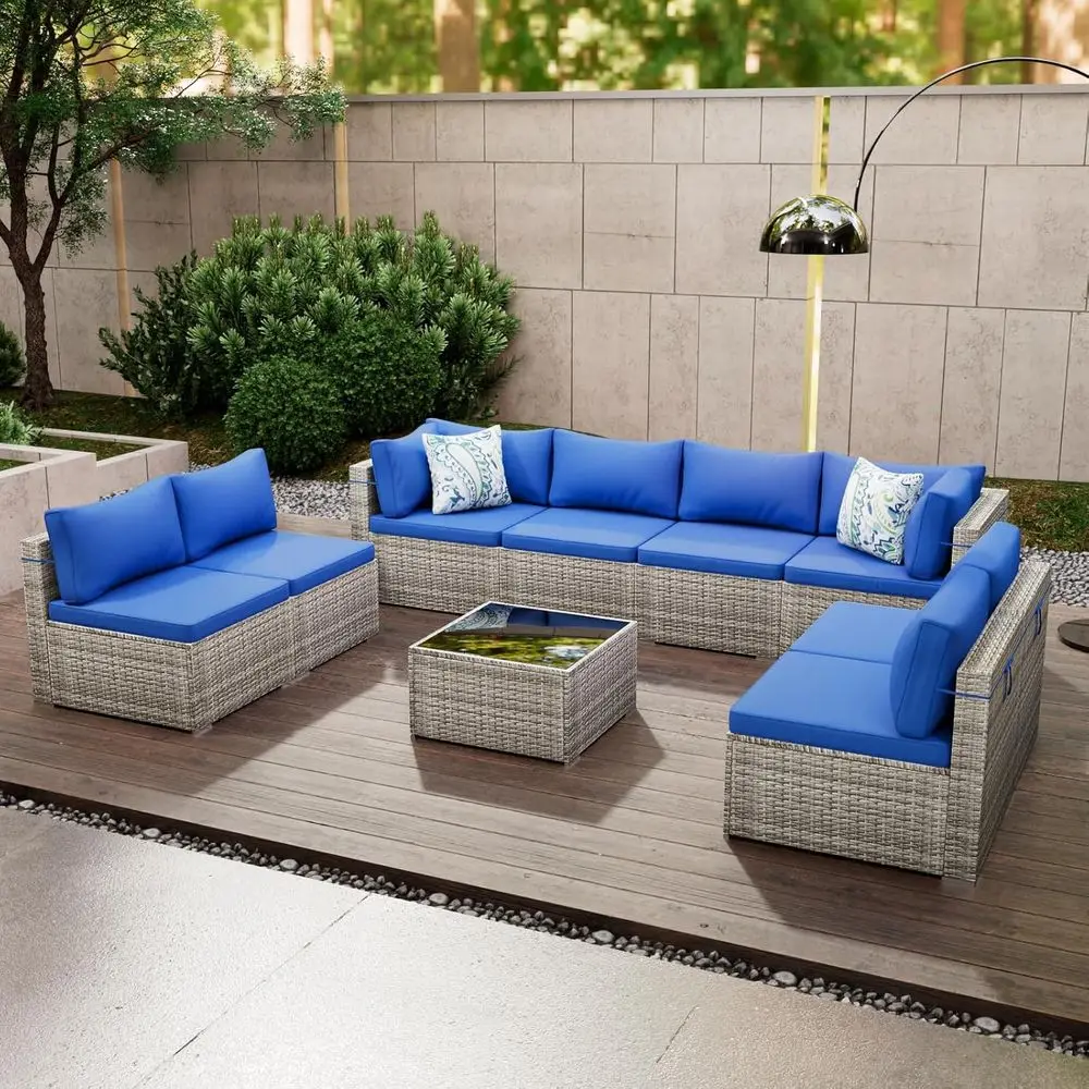 

9-Piece Outdoor Wicker Sectional Sofa Set with Glass Table and Blue Cushions, All-Weather Grey