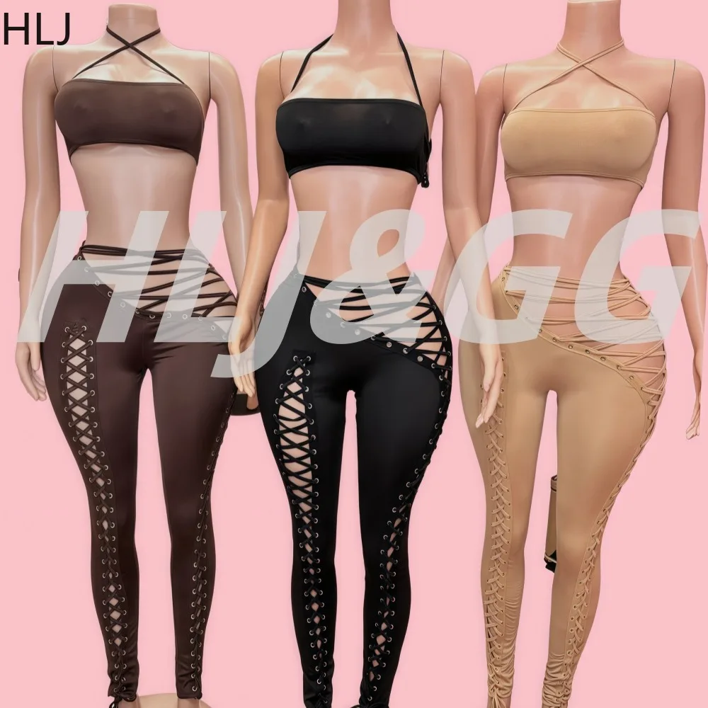 

HLJ Sexy Bandage Patchwork 2 Pieces Set for Woman Outfits Solid Halter Sleeveless Backless Crop Tops + Pants Female Streetwear