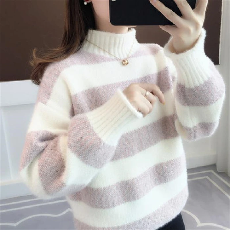 Women Trendy Striped Casual Streetwear High Collar Thick Soft Knitted Sweater 2023 Autumn Winter Long Sleeve Loose Pullover Tops