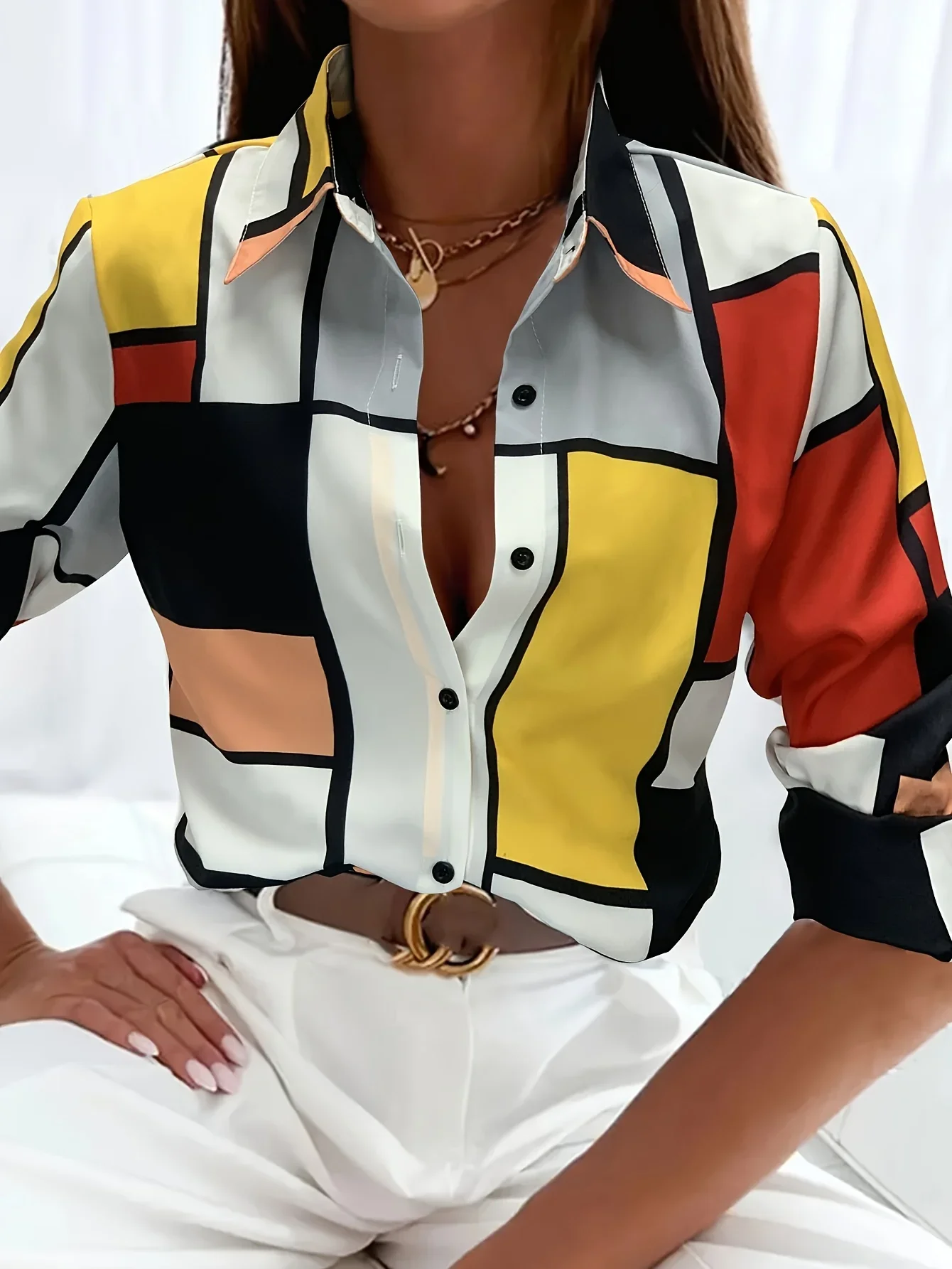 

Women's 3D Printed Geometric Polyester Long Sleeve Shirt Spring and Autumn Versatile Fashion Everyday Lapel Shirt