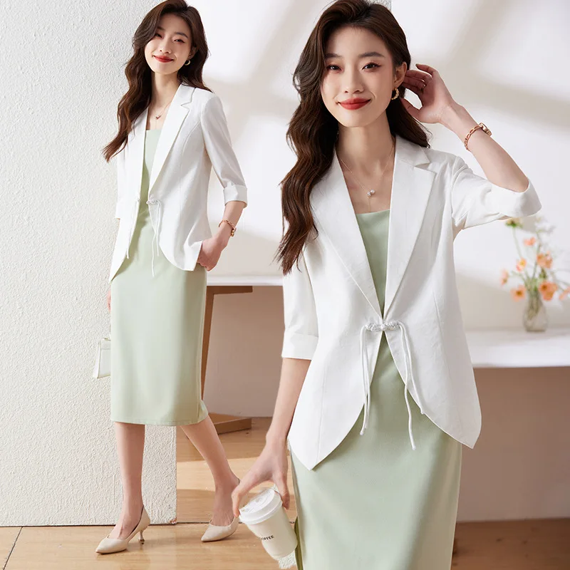 White in Thin Section 3/4 Sleeve Suit Coat Women's Small Summer Design Sense Temperament Leisure Buckle Small Suit Women