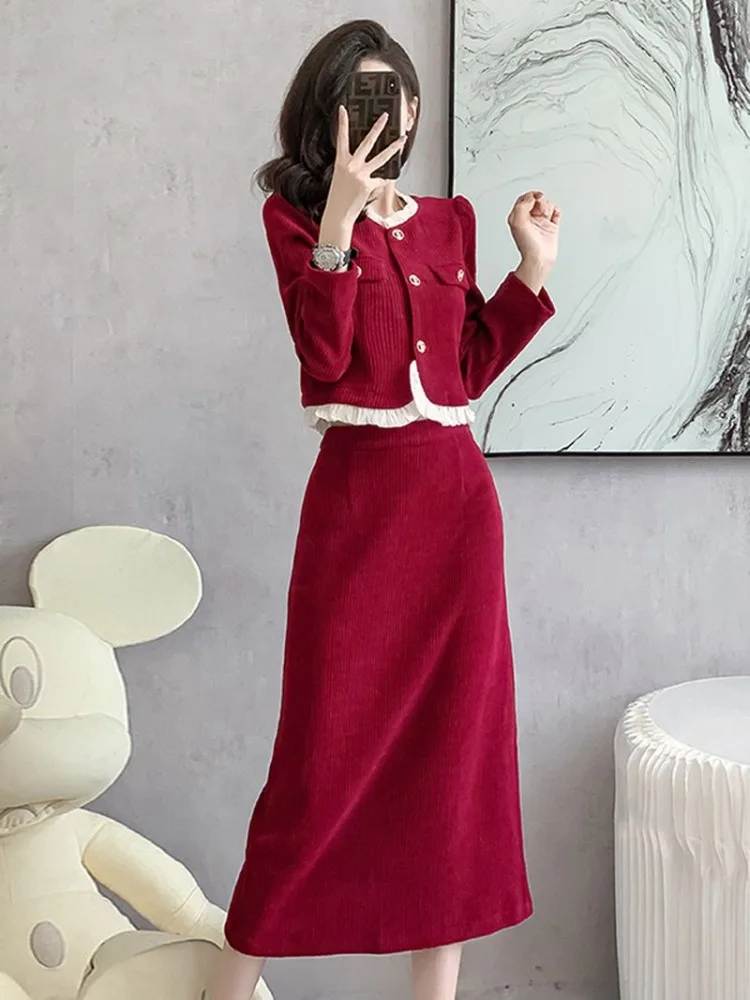 UNXX Korean Fashion Small Fragrant Corduroy Two Pieces Sets Women Elegant Ruffled Edge Short Jacket Coat + A Line Skirt Suits