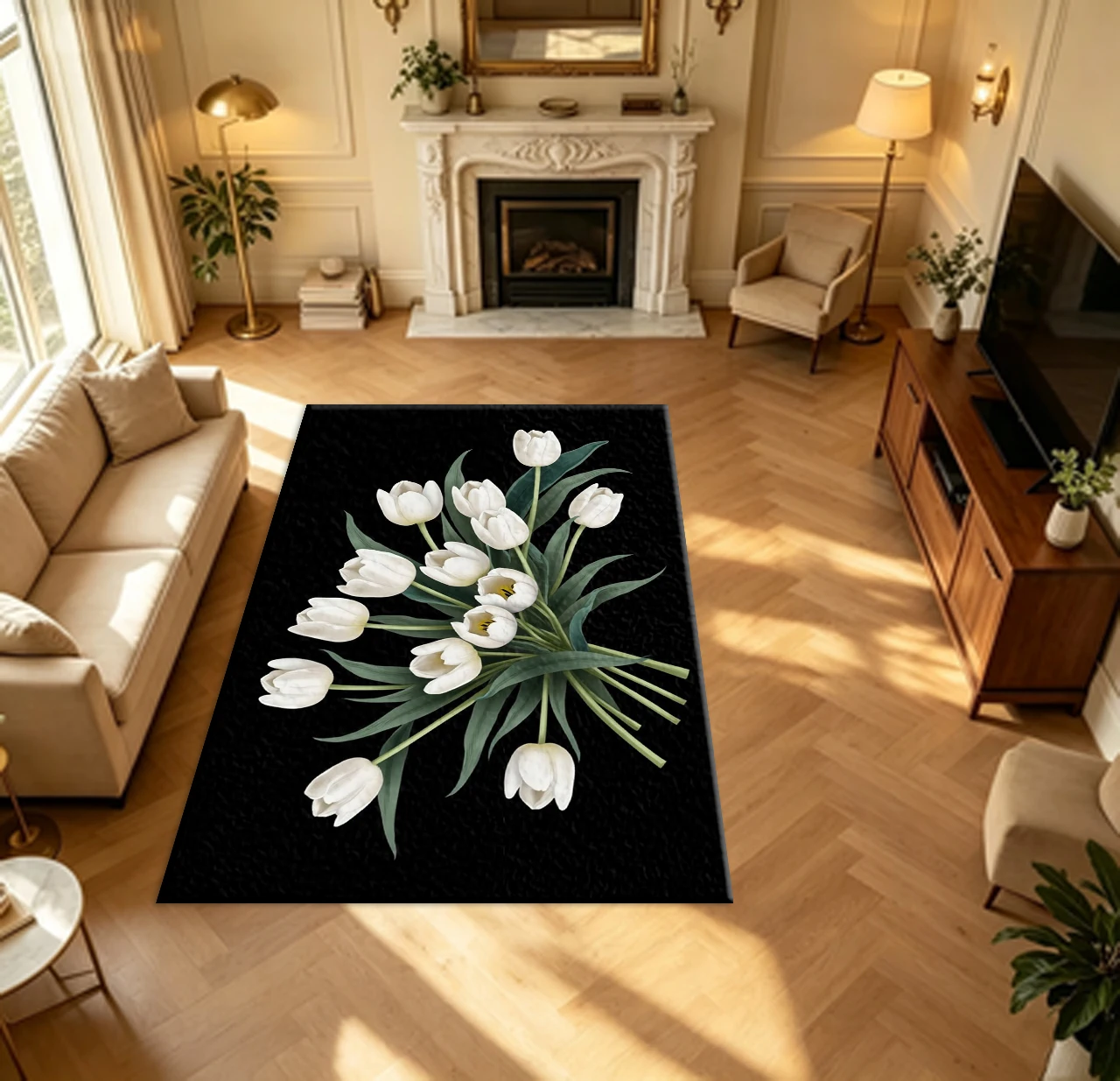 White Tulip Bouquet Black Background Floral Art carpet flooring Nature Flower Home Rug