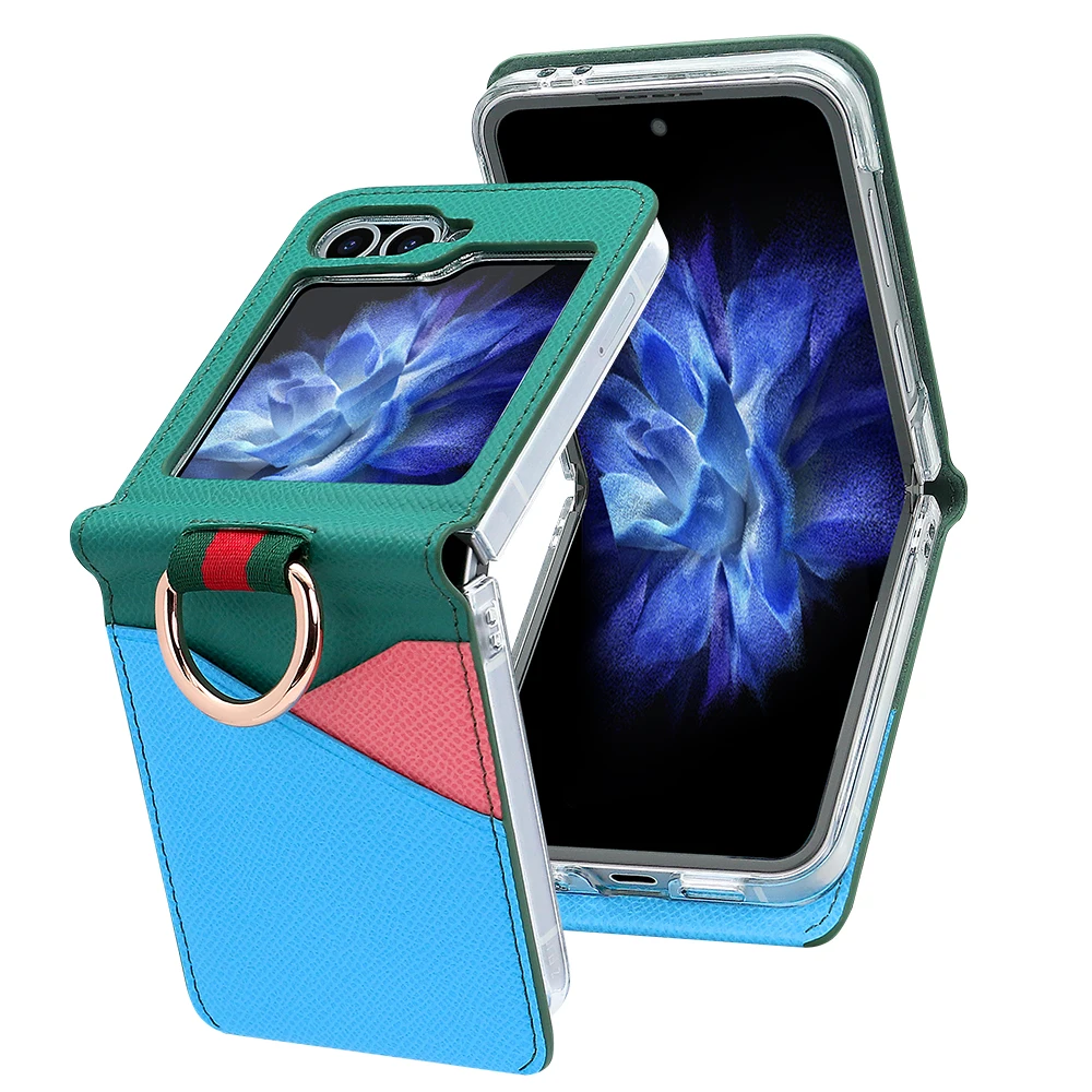 Vietao-kompatibel mit Samsung Galaxy Z Flip 6 5 4 3 Handyhülle mit Fingerring, Farbkollision PU-Leder-Handyhülle