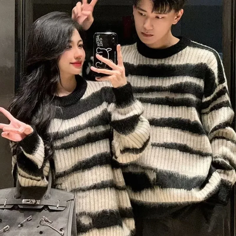 

Loose Fit Men's Knitwear round Ne Sweater Autumn Winter plus Size 300 Pou Striped Outerwear Hong Kong Sle Baseball Collar