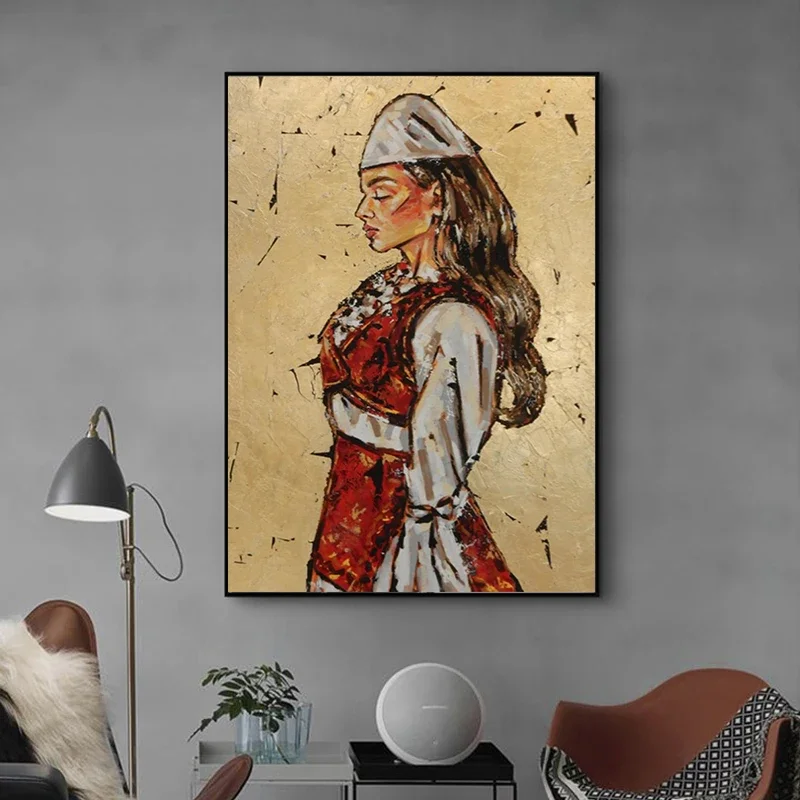 2pcs Albania Woman Oil Painting on Cavnas 40x60cm Modern Abstract Figure Portrait Poster Turban Tribal Woman Wall Art Picture