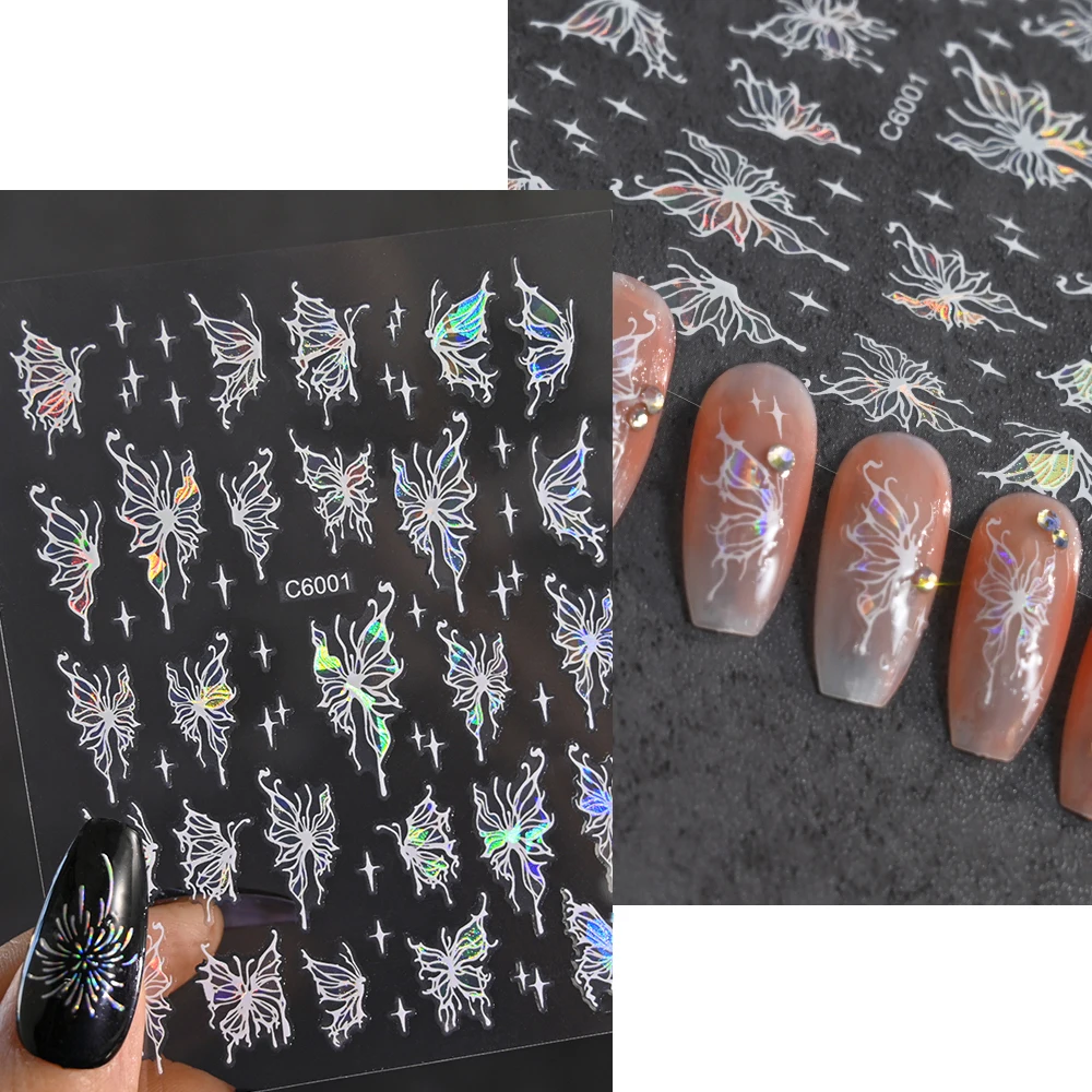 3D Bunte Laser Schmetterling Nägel Aufkleber 8*10 cm Lila Gold Holographische Glänzende Schmetterling Nagel Aufkleber DIY Fee Flüssigkeit schmetterling