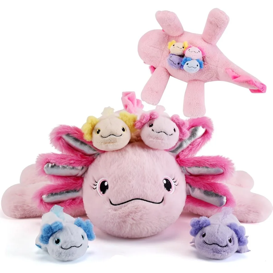 

5 Pieces Axolotl Stuffed Animals with Babies Inside Belly - 1 Mommy Pink Axolotl Plush Toy with 4 Babies - Soft Pink Plush Gift