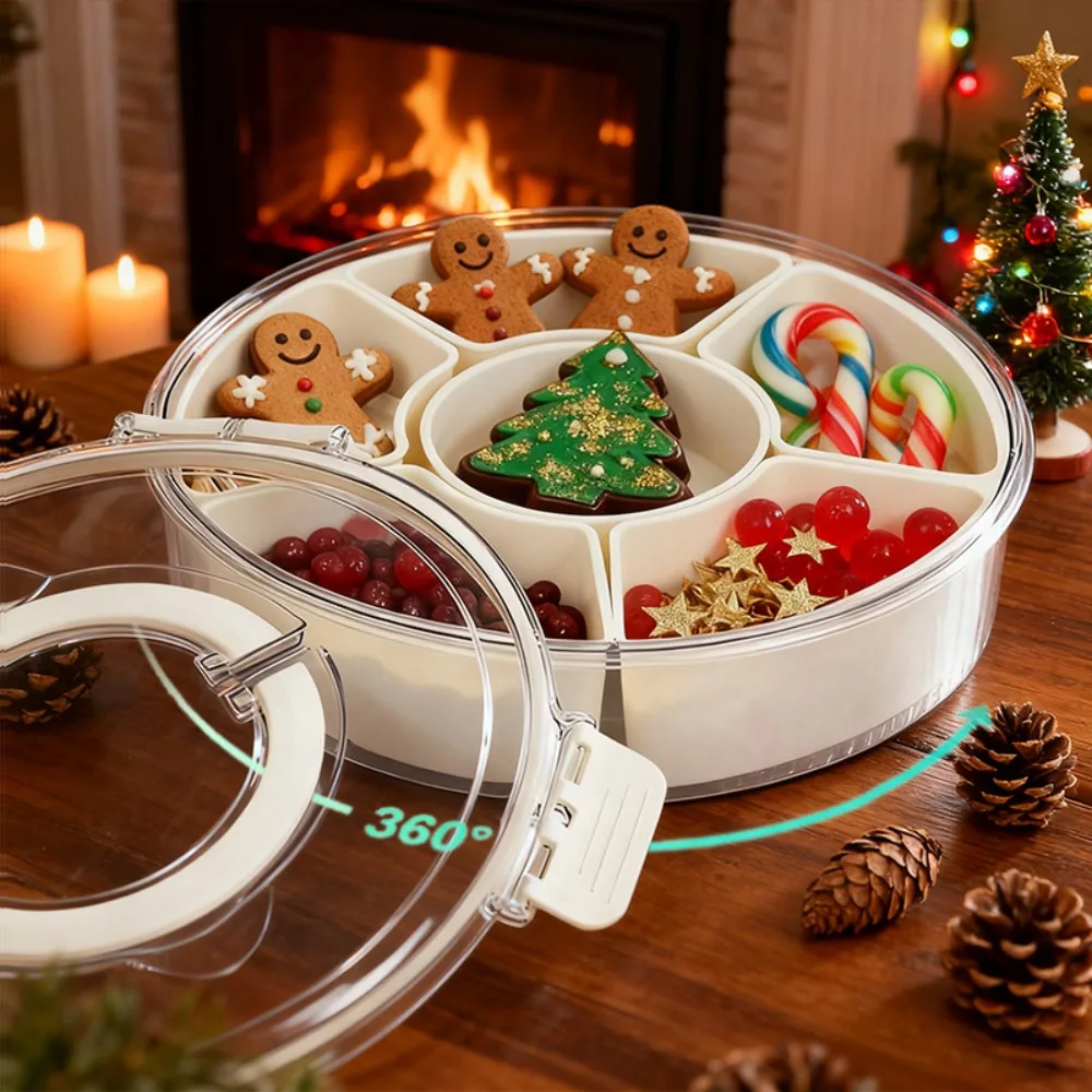 Divided Rotating Serving Tray with Lid and Handle, Portable Snackle Box for Fruits Snacks Charcuterie Christmas,Space-Saving