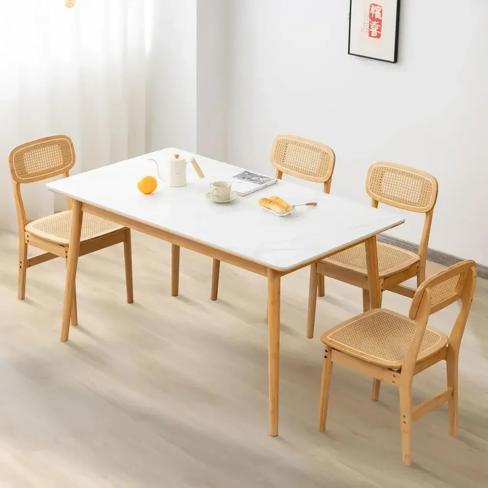 Set of 4 Rattan Dining Chairs, Bohemian Style, Cane Kitchen Chairs, Max Load 300 Lbs, Bamboo Arm Dining Room Chairs