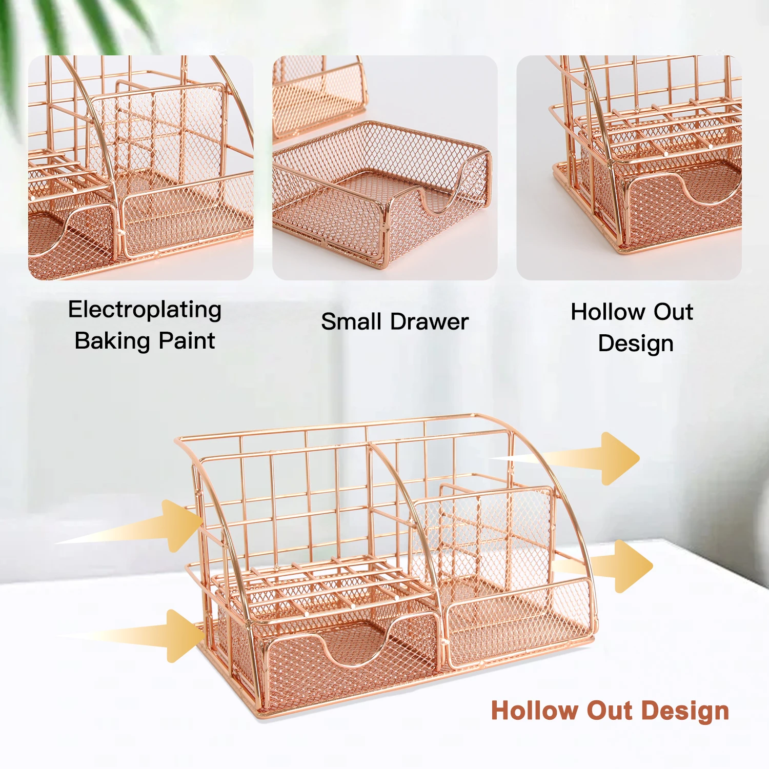 منظم سطح المكتب المعدني باللون الذهبي الوردي، شريط ملفات متعدد الوظائف، رف تخزين اللوازم المكتبية، حامل القرطاسية ومستحضرات التجميل، شركات