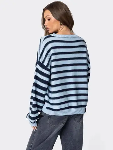 Striped Round Neck Pullover Oversize Loose Slouchy Pullover Casual Chic Lazy Light Pullover Fashion Elegant Relaxed Sweater