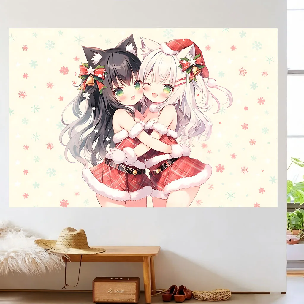 Anime Girl Santa Outfit Snowflake Xmas Print Wall Hanging Tapestry Holiday Aesthetic Dorm Bedroom Background Wall Decor