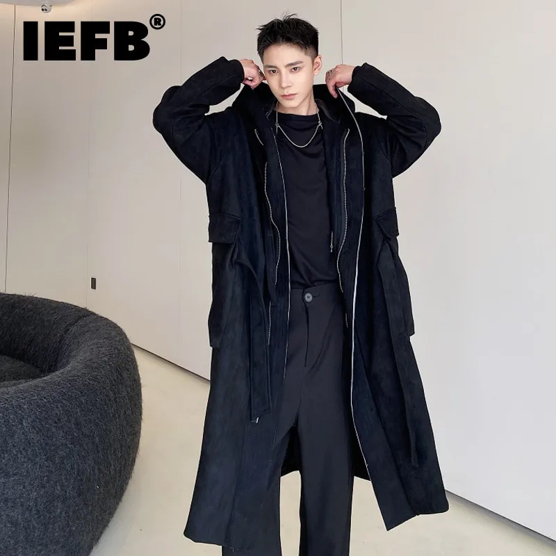 

IEFB Deer Velvet Men's Windbreakers Hooded Belt Overknee Solid Color Loose Thickened Autumn Male Woolen Coats Simple 9C7978