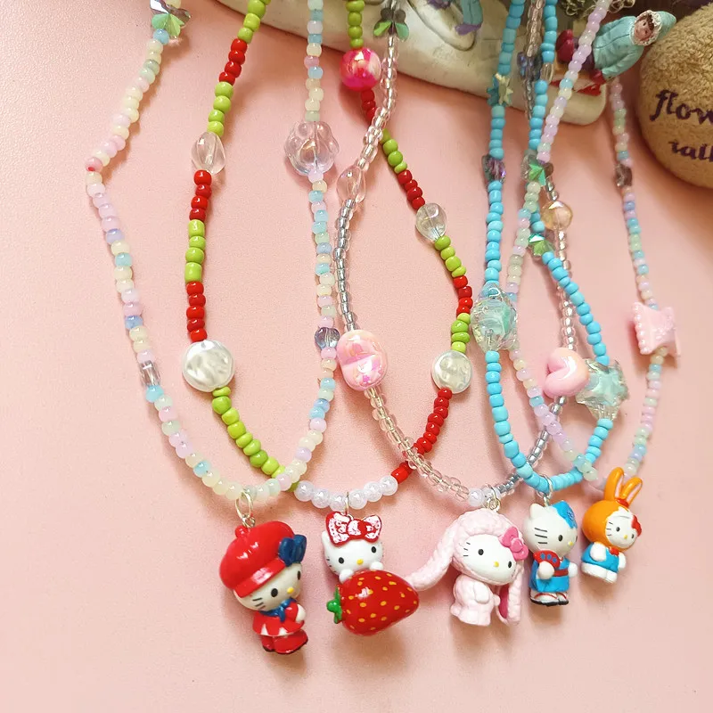 Sanrio Hello Kitty Colored Bead Jewelry Cartoon Rabbit Strawberry Vacation Short Necklace Girl's Necklace Holiday Gift for Girls