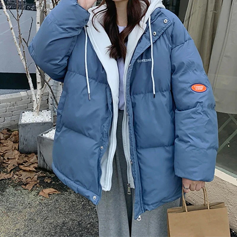 Fake Two Piece Women Hooded Cotton-padded Jacket Thicken Loose Warm Casual Parkas Fall Winter Zipper Down Coat Thermal Outwear