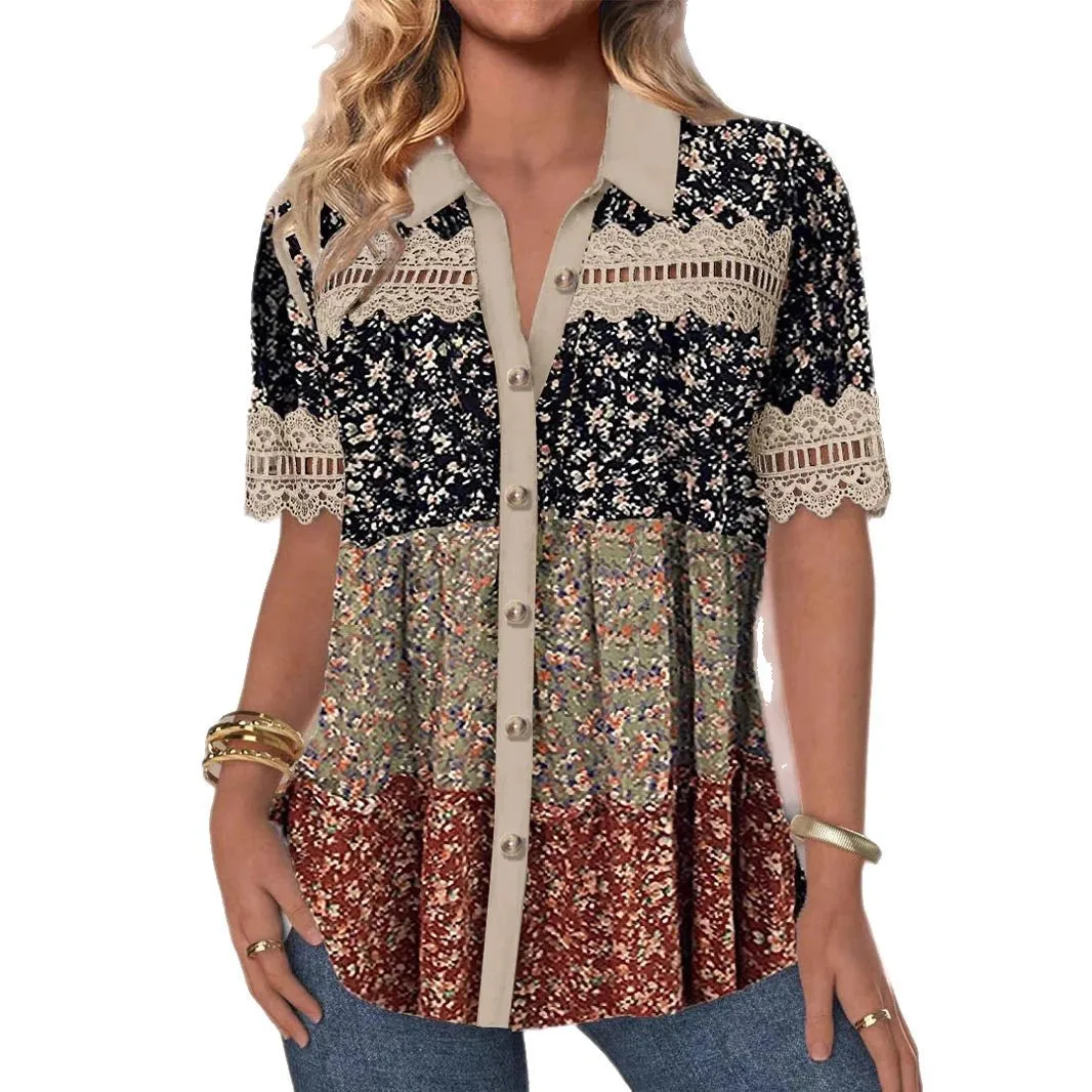 Nova camisa feminina manga curta oco retalhos floral verão botão cardigan topo moda rua blusas casuais para o sexo feminino