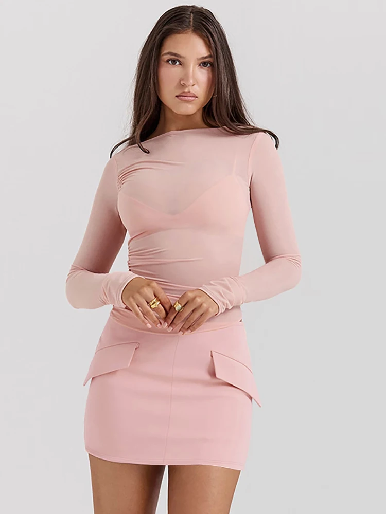 

Fantoye Round Neck 3 piece Sets Women Skirt Suit Pink Long Sleeve T-shirt Mini Skirt Female Autumn Skinny Elegant Skirt Set 2024