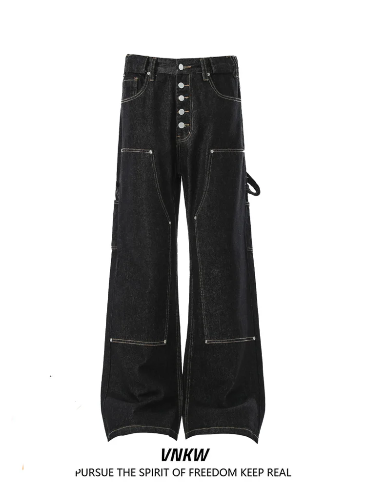 

Retro American Spliced Loose Casual Jeans Men's Women's Commuter Sli Workwear Long Trousers Trendy Straight Leg Jeans