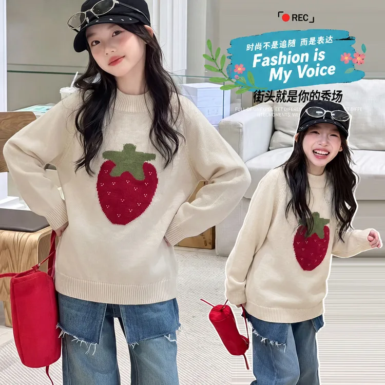 autumn winter warm 4-14 teenager girls Towel embroidered strawberry sweater junior kids Thick knit top children clothes