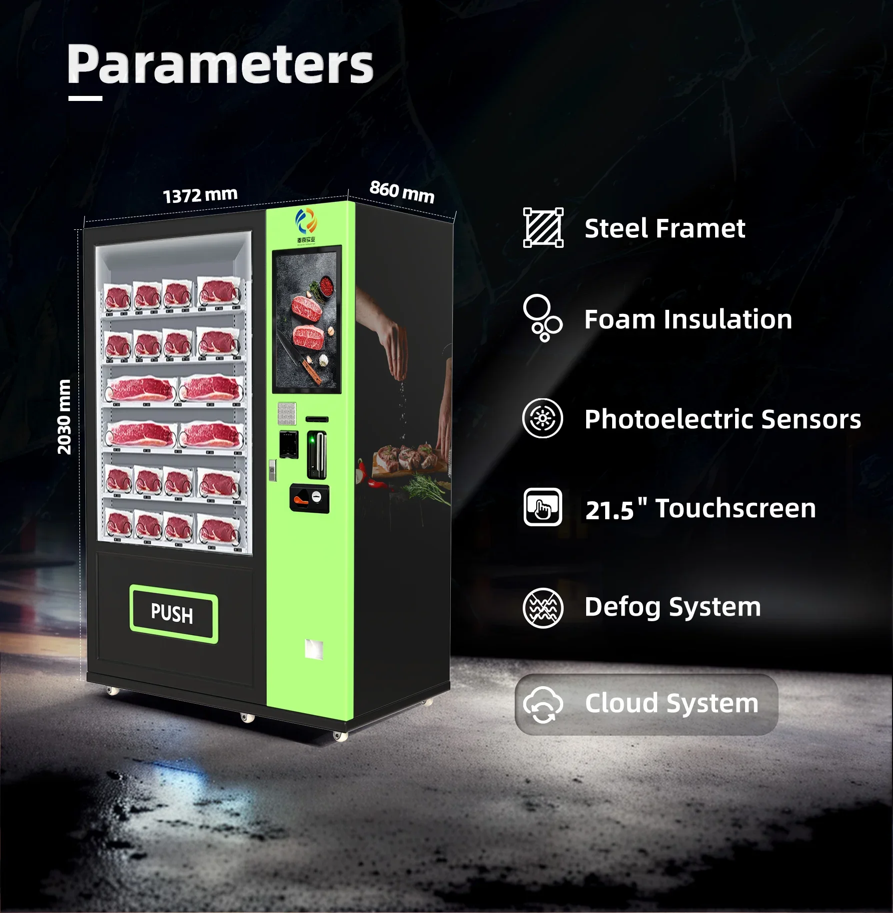 Fresh Frozen Meat Vending Machine Premium Beef Other Fresh Products Refrigeration Coin Payment System Touch Screen Metal