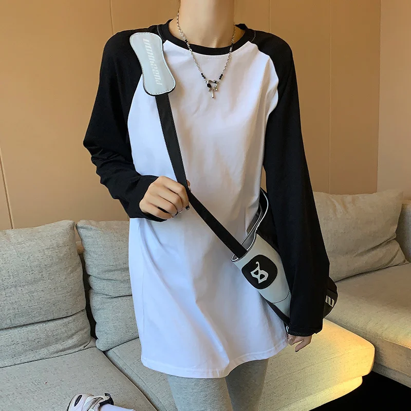 Spring Cotton Patchwork Midi-length T-shirt Women Casual Loose Raglan Sleeve Bottoming Tops Round Neck Female 2023 Clothing