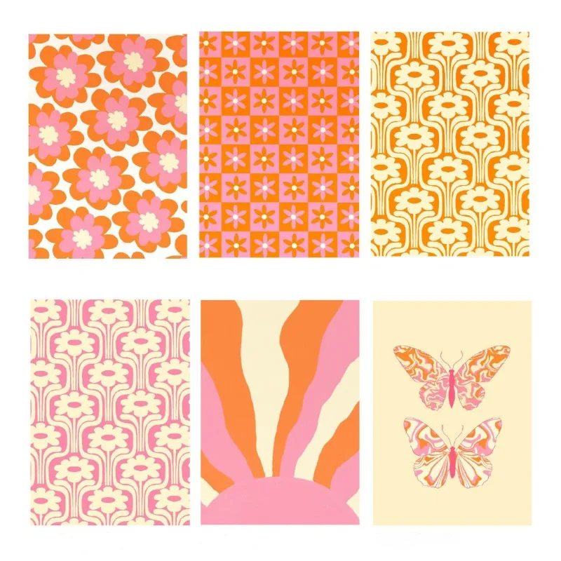 70s Aesthetic Bundle Posters Vintage Pink and Orange Flower Butterfly Bright Canvas Painting Wall Art for Living Room Home Decor