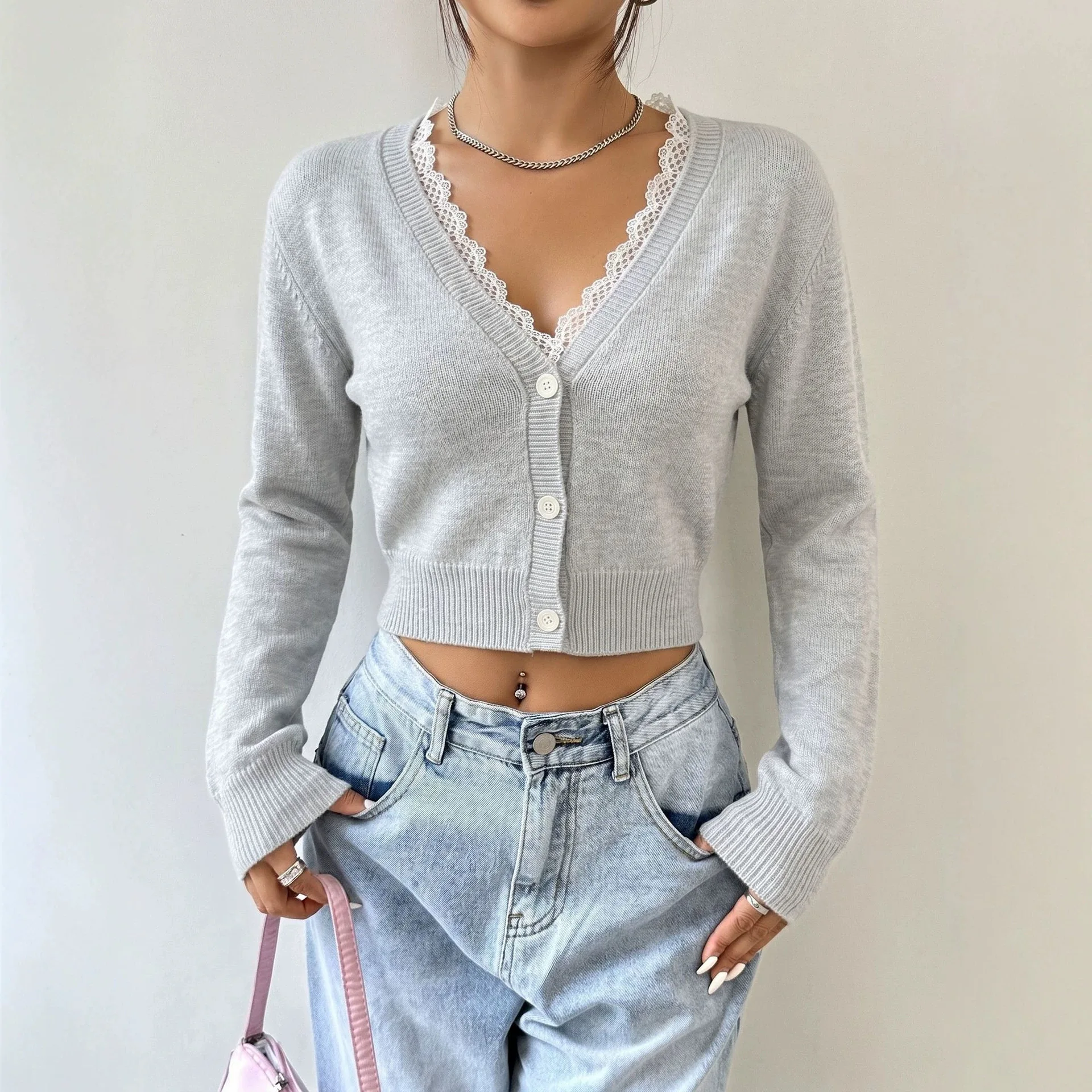Women Knitted Cardigan Sweaters Lace Jumpers Solid V Neck Long Sleeves Single Breasted Cinched Waist Loose Casual 2026 Autumn