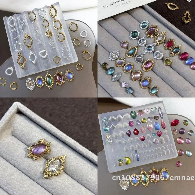 [ZYAS]Retro Picture Frame Gem Baroque Shell Carving 3D Relief Manicure Templates Nail Art Transparent Silicone Nail Mold