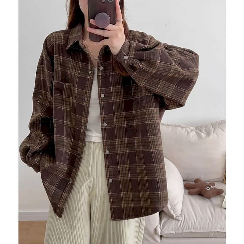 Shirts for Women Vintage Long Sleeved Plush Plaid Polo-neck Casual Korean Style Oversized Blouses Mid Length Coats Women Tops