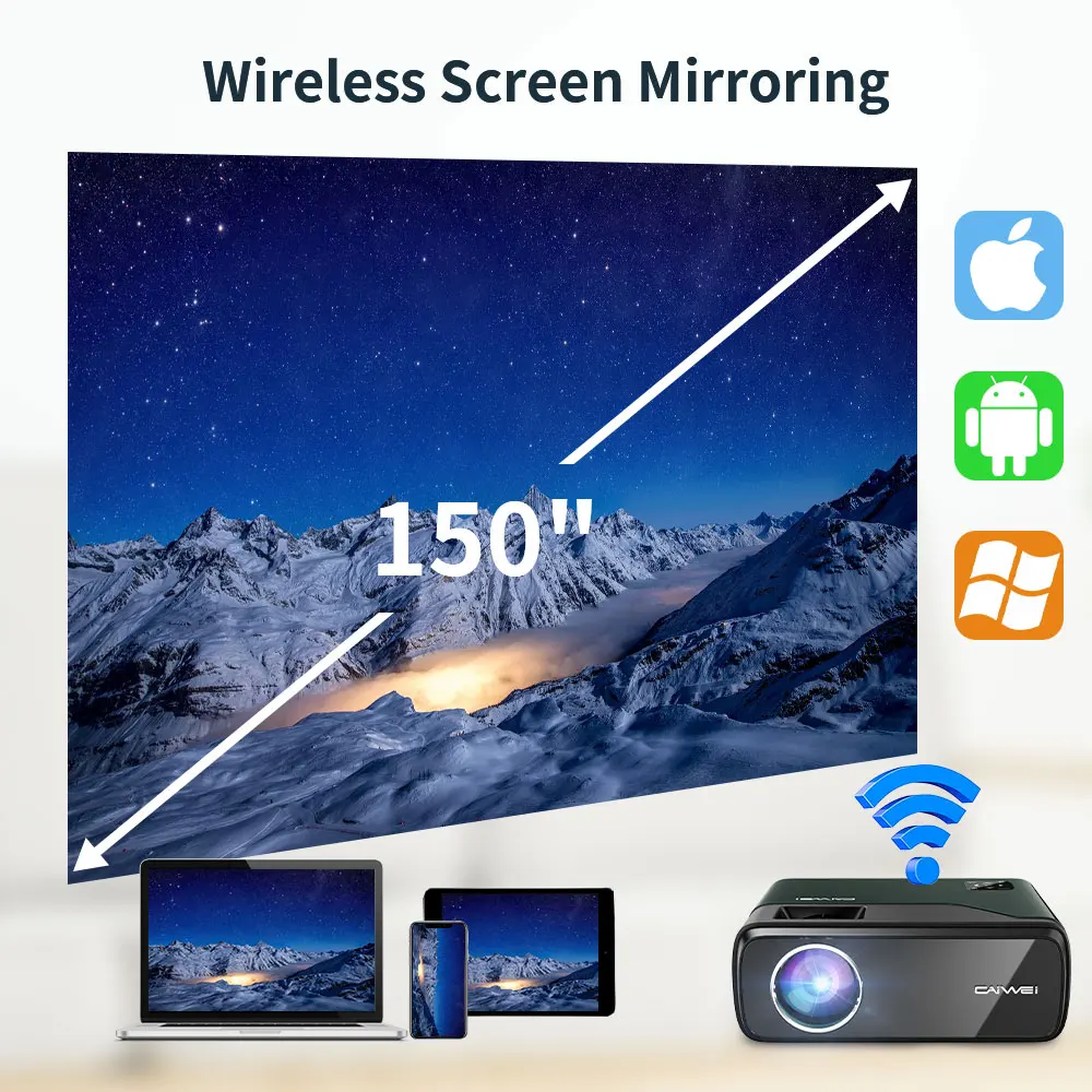 Projetor Inteligente Portátil para Cinema em Casa, Tela 4K, 7800Lumens, WiFi, Bluetooth, Suporte Android, iPhone, Janela, 1080P