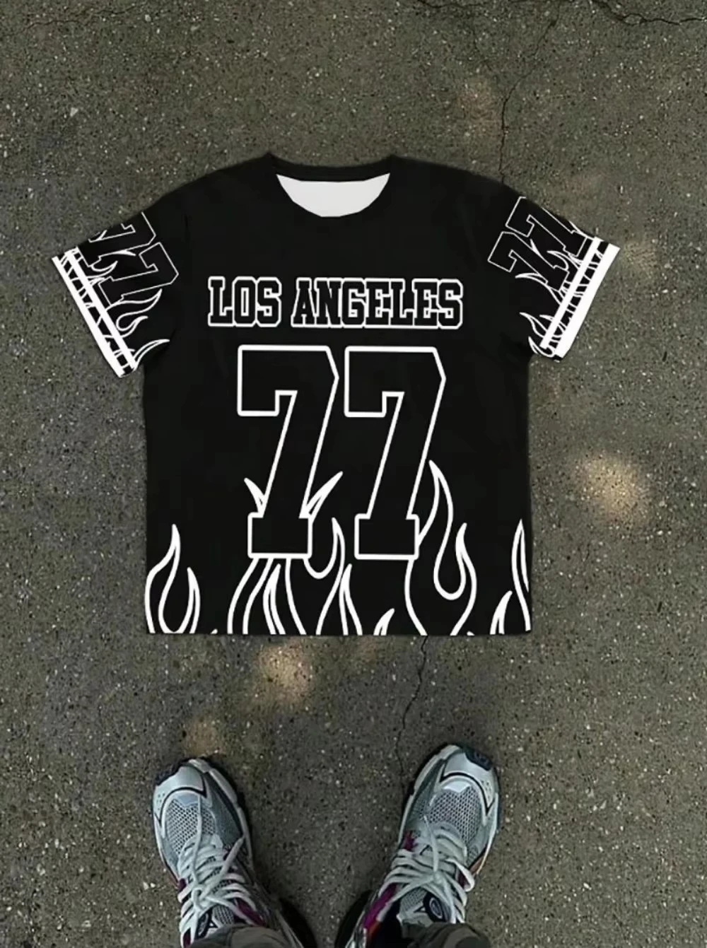 

Men's Summer Casual Breathable O Neck T-sh irt Flame Color blocked Los Angeles Letter 77 Printed Outdoor Street Top Men Clothing