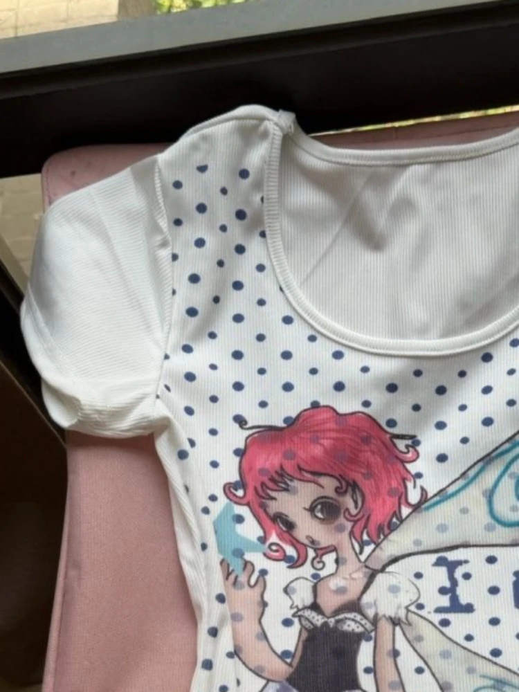 Japanese Cartoon Printing Kawaii Cute T-shirt Harajuku Women Casual Grunge Tshirts Y2k Aesthetic Vintage Polka Dot Slim Fit Tops